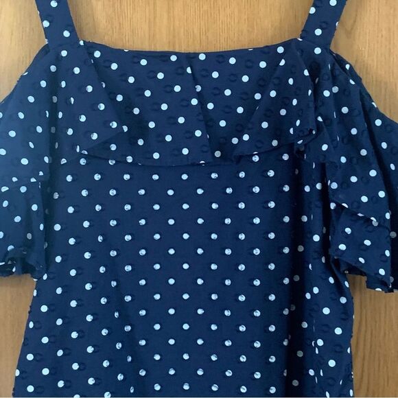 J. Crew Navy/White Polka Dot Ruffled Short Sleeve Cold Shoulder - Picture 8 of 14